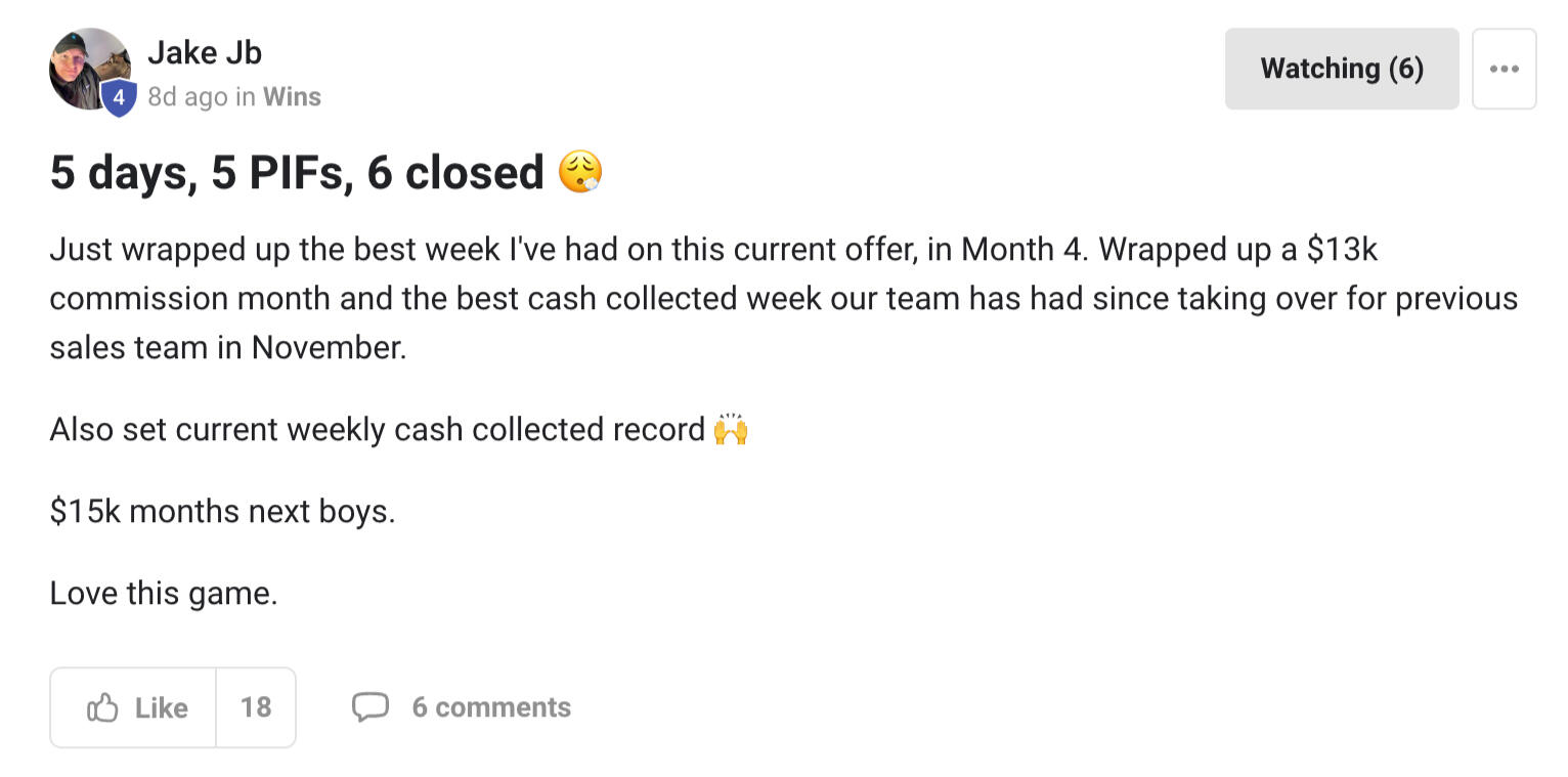 5 PIF week, breaking company&#39;s weekly cash collected record.